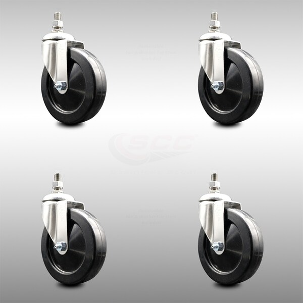 5 Inch 316SS Soft Rubber Wheel Swivel 10mm Threaded Stem Caster Set SCC